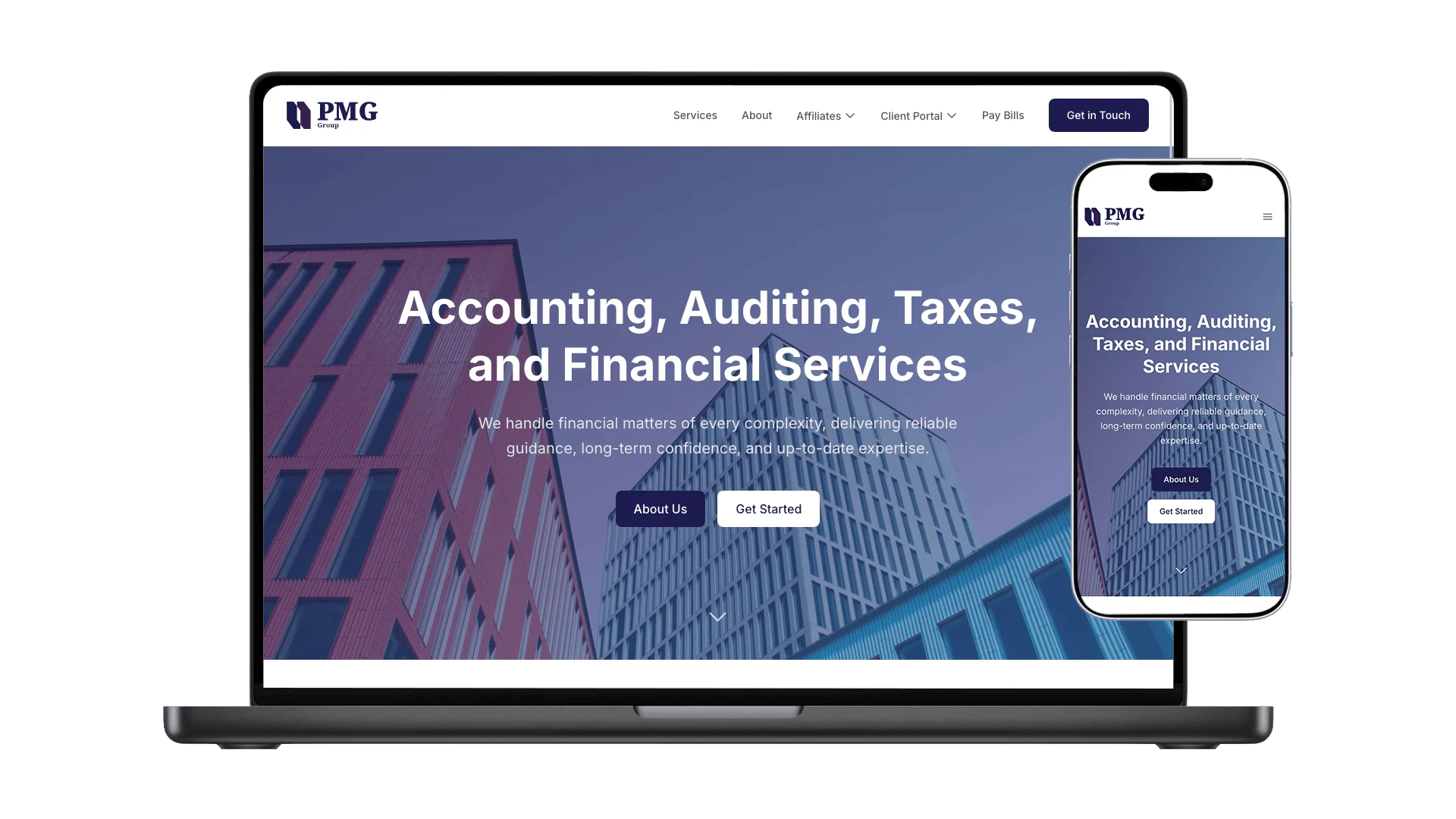 PMG Group website preview on laptop and mobile